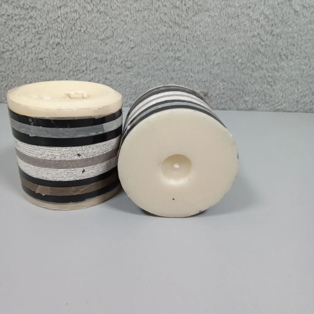 Set of 2 Modern Striped‎ Pillar Candles Black Grey White Tan Neutral Decor 3x3